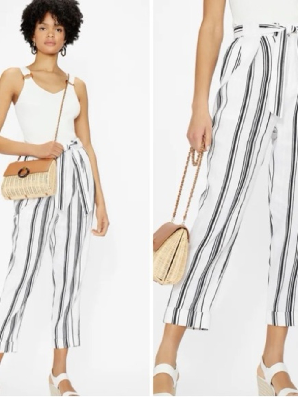 Ted Baker Asherr Tapered Trouser Pants Black Ivory Stripes Linen Blend M/8